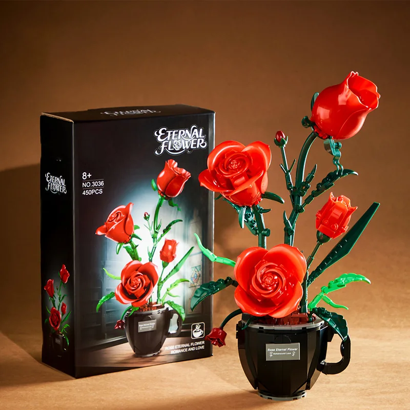 محاكاة ديزي/نبات الورد نموذج اللبنات تجميعها فنجان القهوة تصميم وعاء باقة زخرفة زهرة MOC الطوب اللعب الهدايا