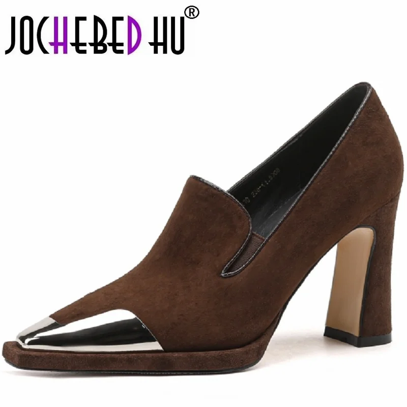 【JOCHEBED HU】NEW Spring Women Pumps Sheep Suede Leather Shoes for Square Toe Super High Heel Slip-on Shoes High Heel Shoes