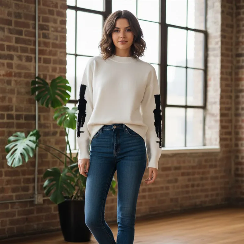 

Большой белый вязаный свитер, женский пуловер в рубчик, мягкий свободный крой, топ с круглым вырезом и длинными рукавами для повседневной уличной моды 2025