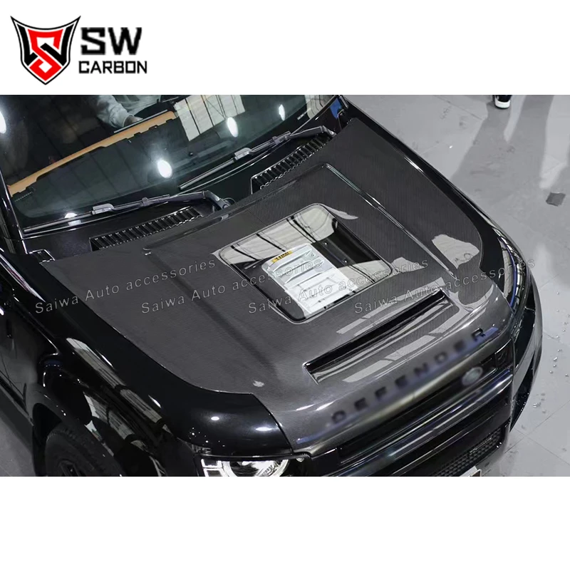 

Dry Carbon Fiber Car Front Transparent Glass Hood For Land Rover Defender Light Weight Front Engine Hood Bonnet Cover Body Kit