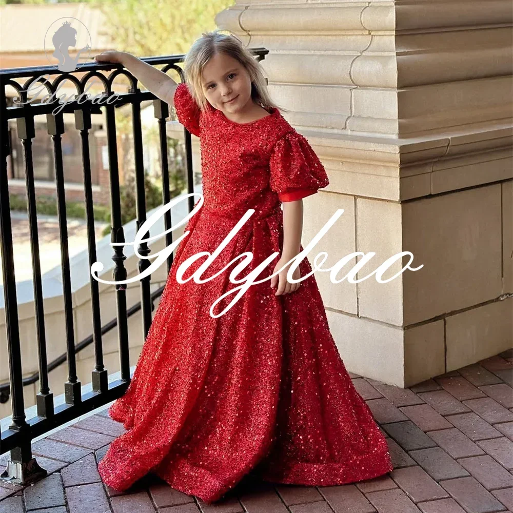

Luxury Shiny Sequined O Neck Half Puff Sleeve A Line Flower Girl Dress Floor Length Formal First Communion Dress Customized 2025