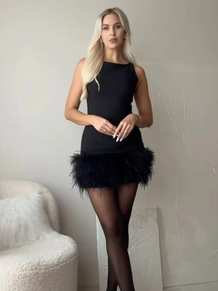 MUJER 2025 Feather Mini Dress Women Black Sleeveless Corset Dress Woman off Shoulder Party Dresses for Women Luksusowa krótka sukienka — zdjęcie 2