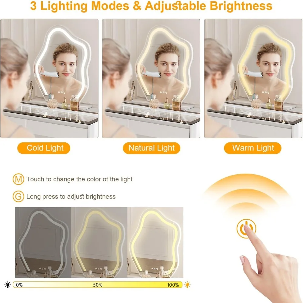 Bureau de coiffeuse moderne à plateau en verre en forme de L 58 avec miroir et éclairage, grande coiffeuse avec 2 tiroirs pour le maquillage et le coiffage
