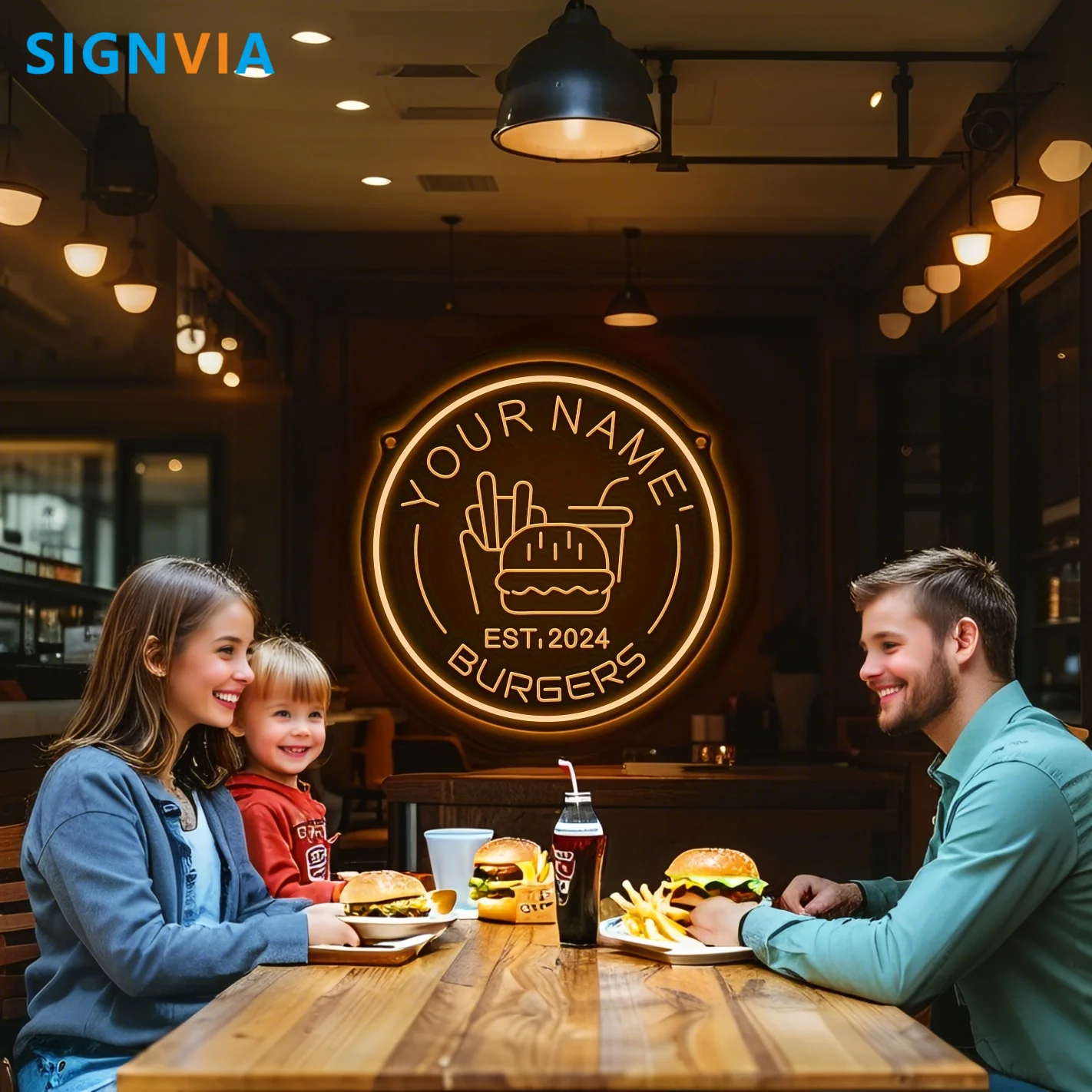 

Customizable Your Name Hamburger Neon Sign with Cactu Burger Design USB-Powered LED Wall Decor Easy Hang for Business Restaurant