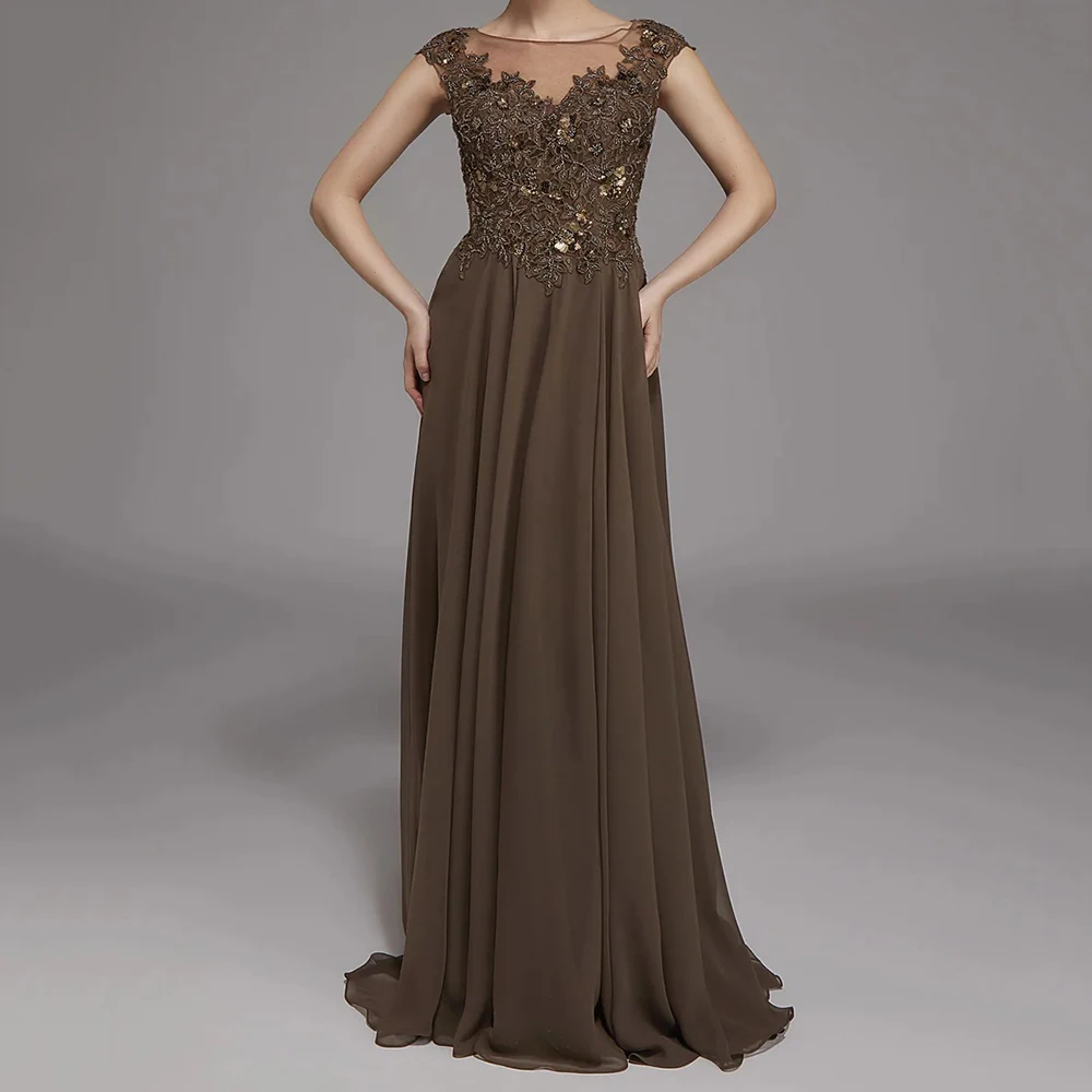 

Customized A-line Evening Dresses Floor-length Scoop-neck Sleeveless Prom Gown Fashion Lace Sequined Simple Draped Party Gown