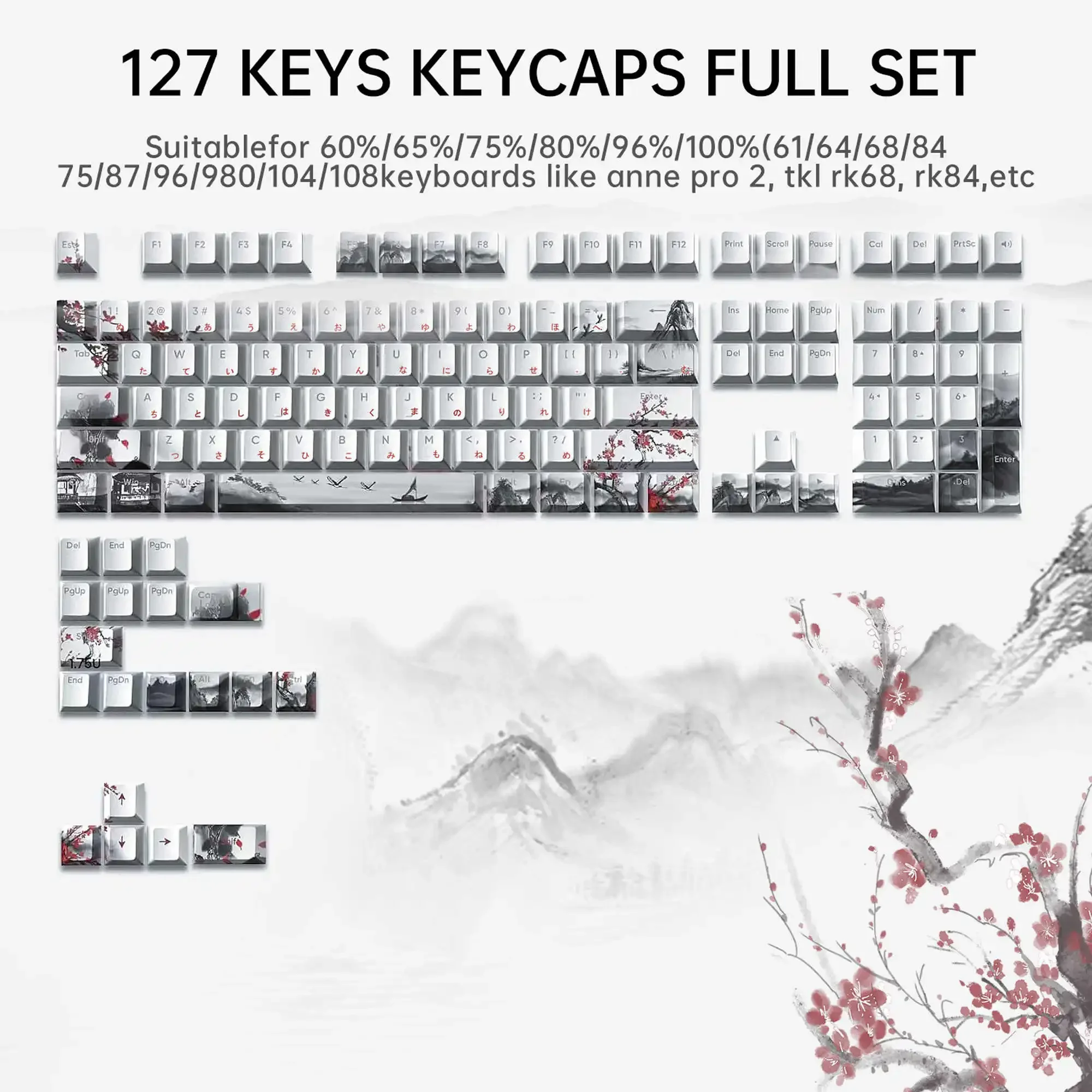 

133 Keys Ink Style BPT Keycaps Japanese Character Root Side Engraved OEM Translucent MX Switch Gaming Mechanical Keyboard Cap