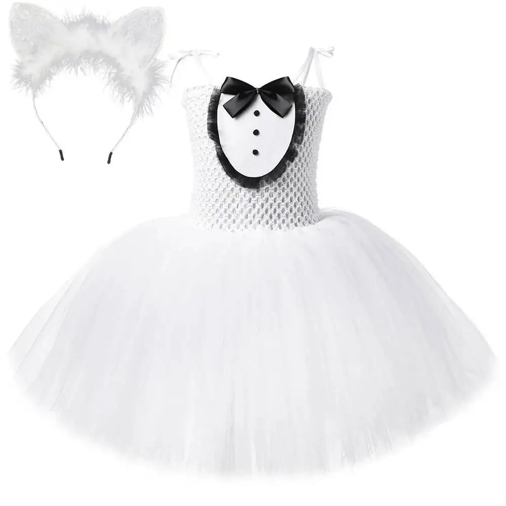 White Black Cat Tutu Dress for Baby Girls Halloween Costumes Kids Animal Kitty Birthday Outfit with Ears Hairbow Child Clothes