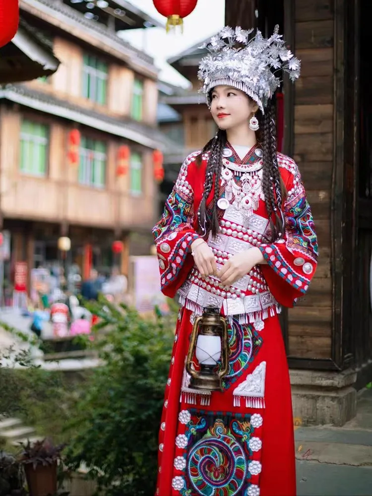 

Ethnic costume women's red embroidered top long dress hat collar suit exotic wedding performance