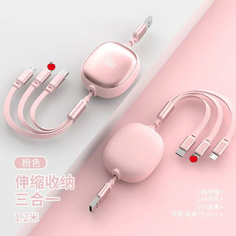 100W 6A Retractable 3-in-1 Charging Cable, Fast USB Cord Nylon Braided for iPhone, Huawei, Android Phones