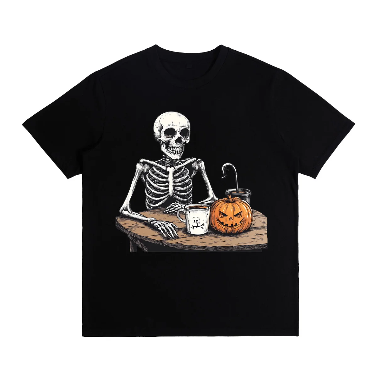 

Halloween men's T-shirt Drink coffee skull print street oversized graphic T-shirt soft and lightweight Y2K Harajuku unisex