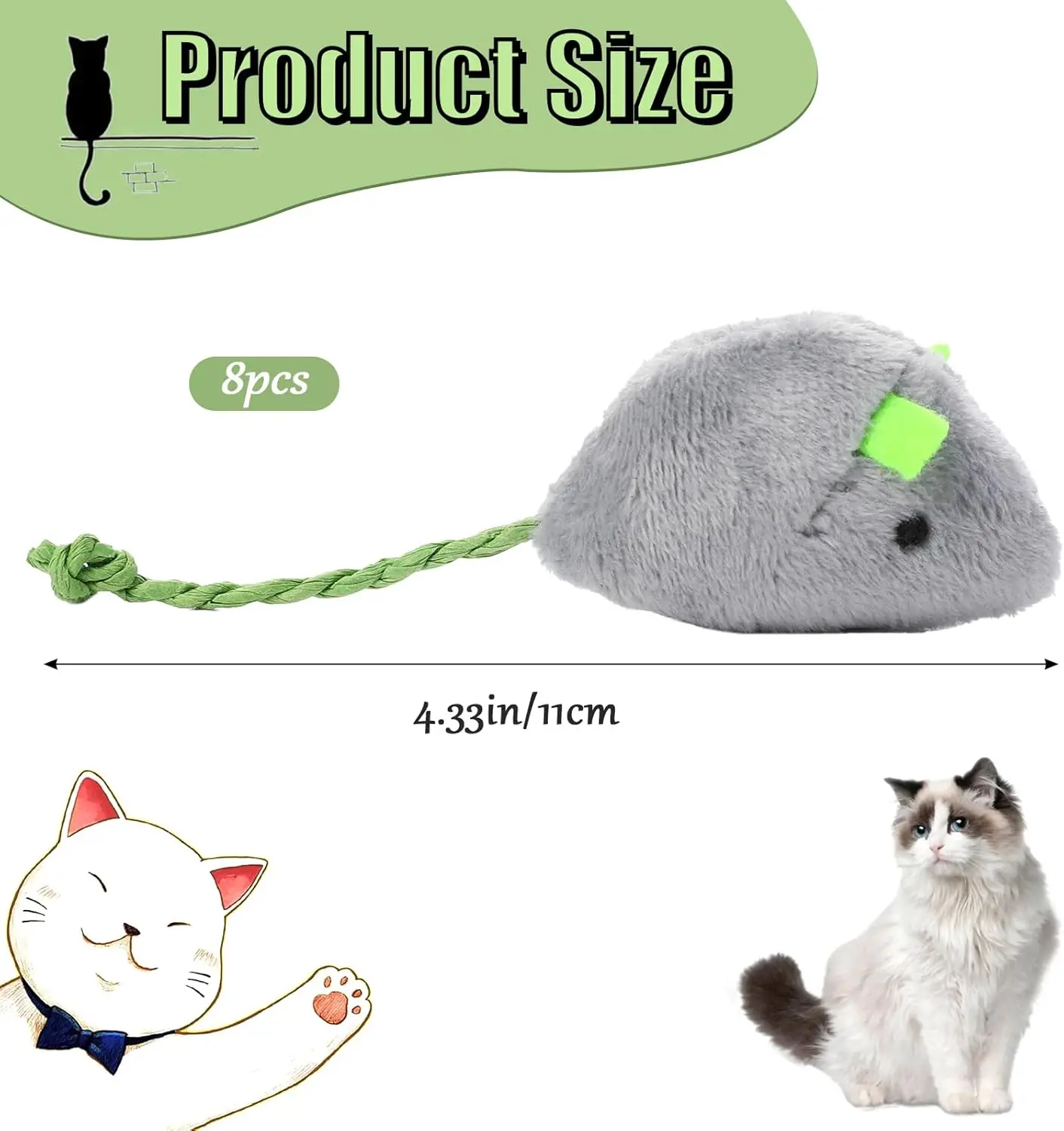 8 Randomly packed interactive cat and mouse toys - Plush catnip mouse-shaped biting toys suitable for indoor cats