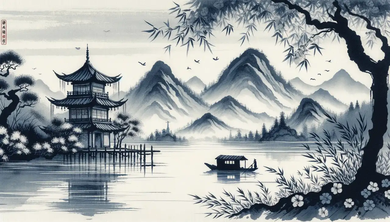 Custom sized mural 3D printing, Japanese Zen wallpaper, watercolor style, Japanese temple design
