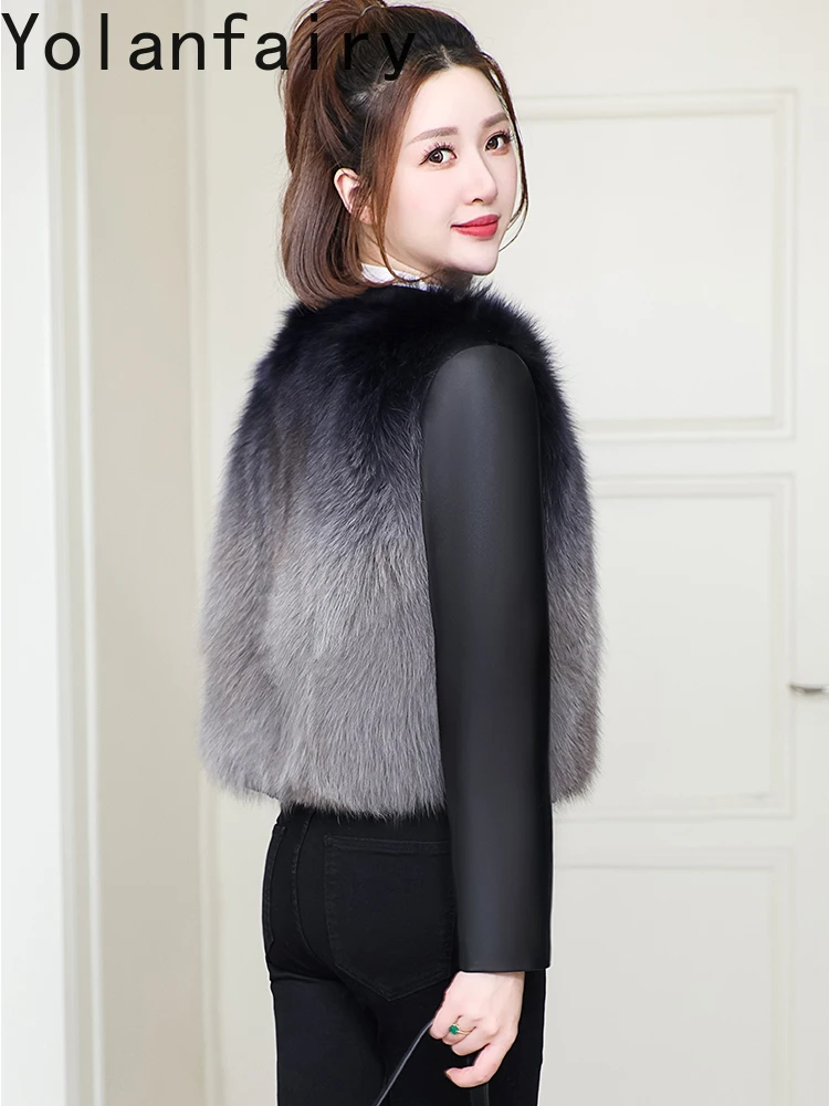 YOLANFAIRY Cappotto di pelliccia di volpe impiombato in vera pelle di pecora di alta qualità Donna Inverno Breve caldo Piumino O-Collo Giacca in vera pelle da donna
