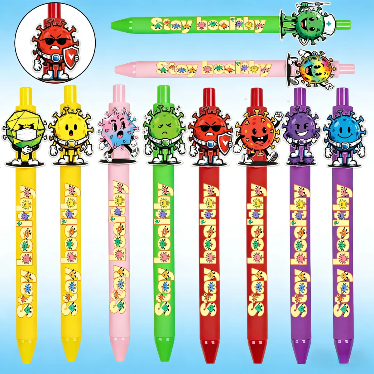 

14/20pcs Colorful virus themed acrylic patch ballpoint pen for health protection, gift pen for students starting school, ballpoi