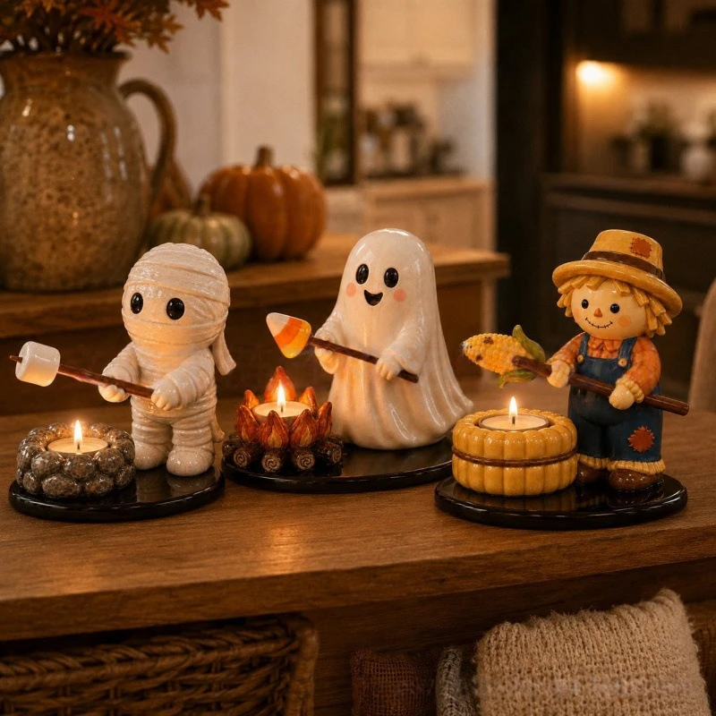 Halloween Campfire Tea Light Holder – Resin Craft Night Light, Perfect Tabletop Decor for Spooky Atmosphere