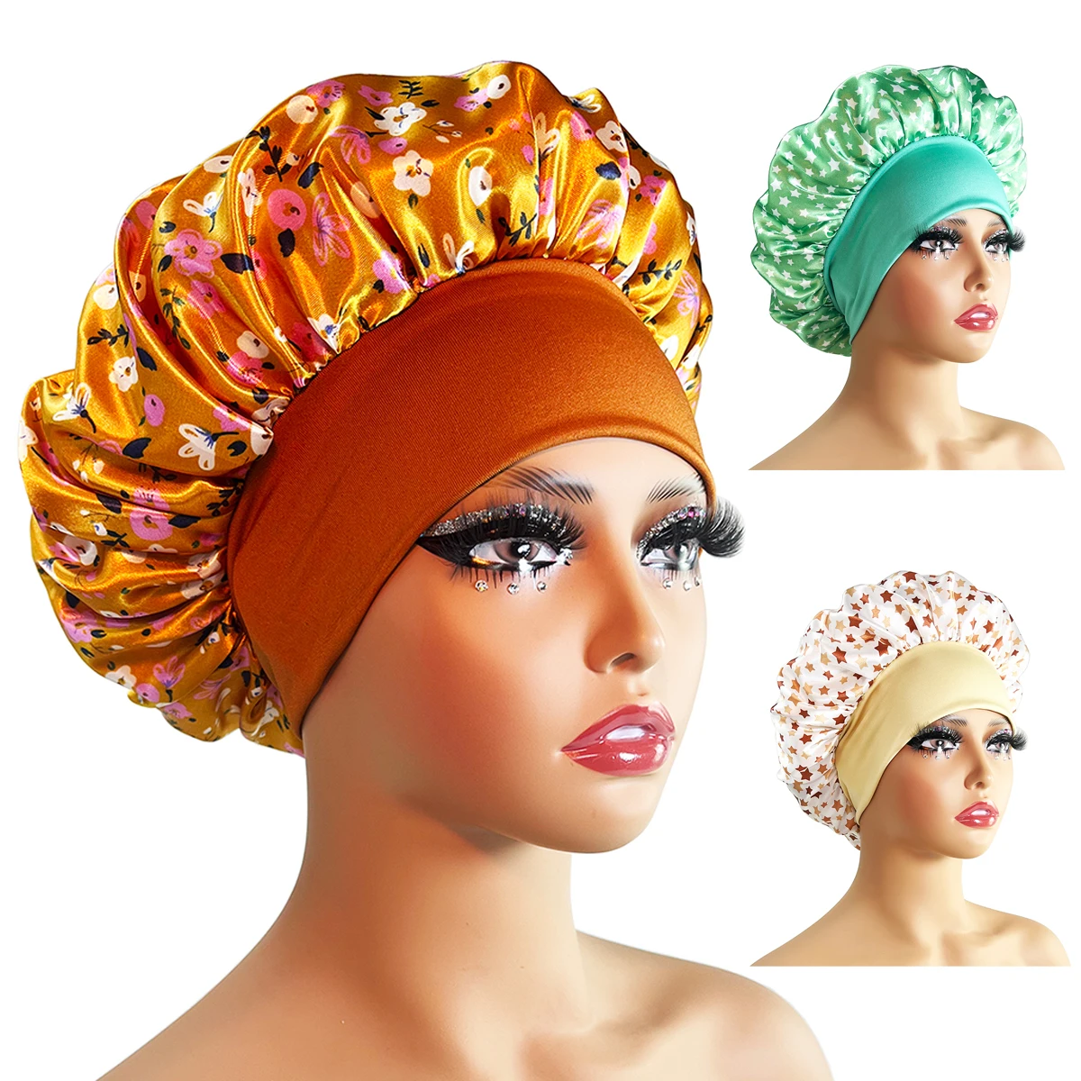 

1PC Colorful Wide Elastic Band Hair Care Bonnets For Women Satin Sleeping Night Caps Femme Hair Cover Hats Accessories