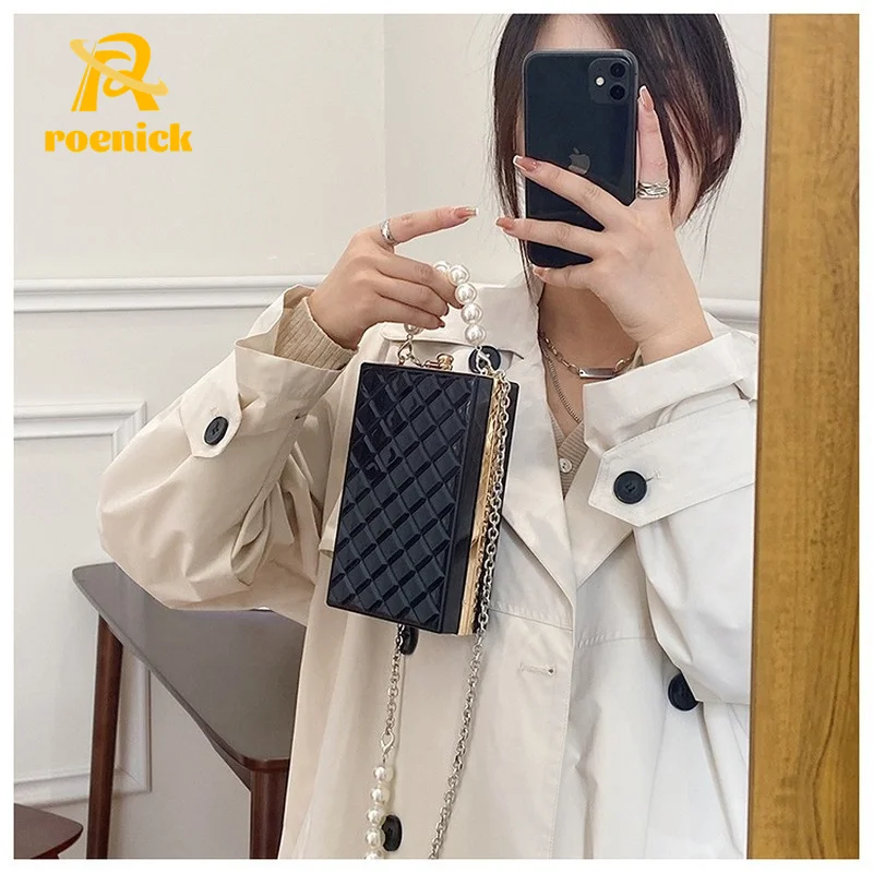 

ROENICK Women 2022 Trendy Box Evening Bags Black Chain Shoulder Crossbody Clutch Pearl Handle Plaid Cosmetic Mobile Phone Purses