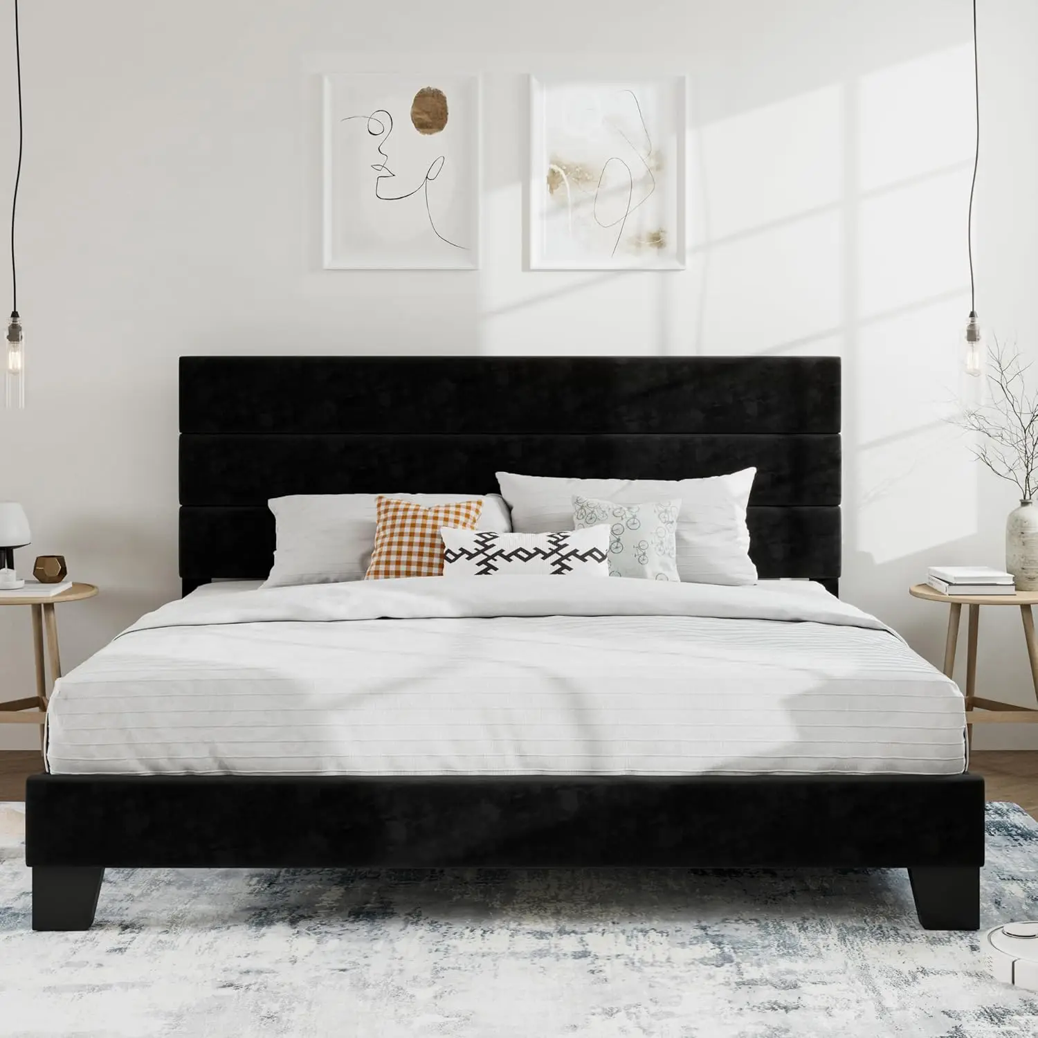 King Platform Bed Frame with Velvet Headboard, Strong Wooden Slats Support, No Box Spring Needed, Black