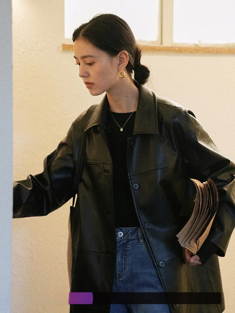 

Женское кожаное пальто средней длины Modern Era Bla Splice, винтажное пальто с откидным воротником Aosphere Commute Sle Long Sve