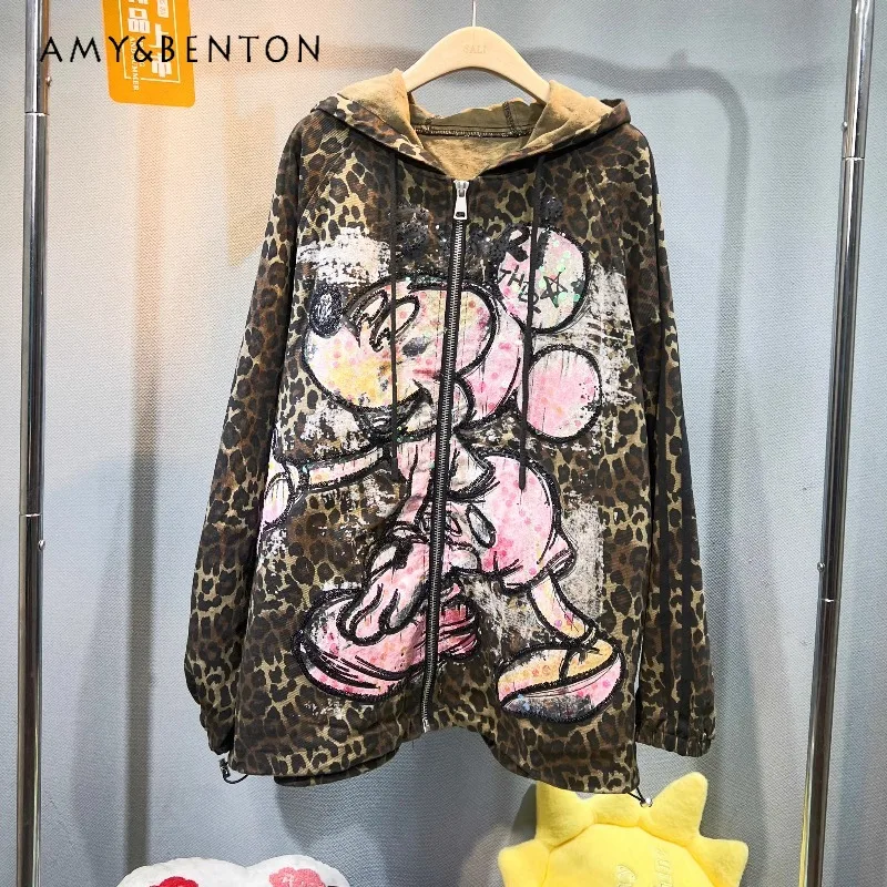 

Fashion Brand Heavy Industry Sequin Cartoon Leopard Print Jacket For Women's 2025 Autumn New Loose Casual Denim Top Outerwear