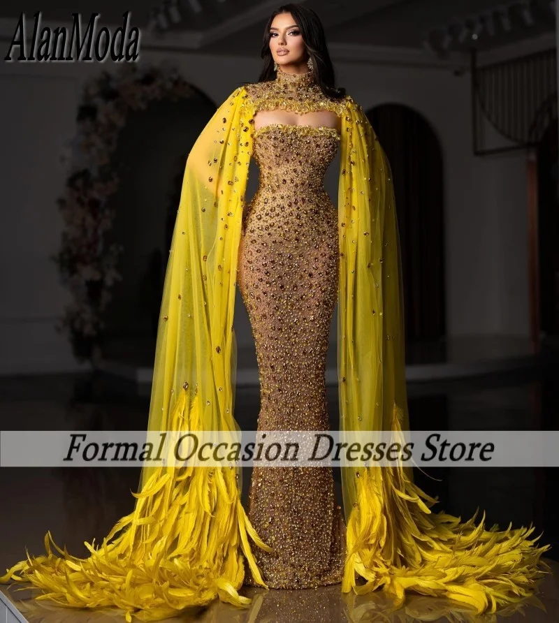 

Formal Diamond Evening Dresses For Women Aso Ebi Mermaid Wedding Party Dress With Cape Crystal Robes Invitée Mariage Customized