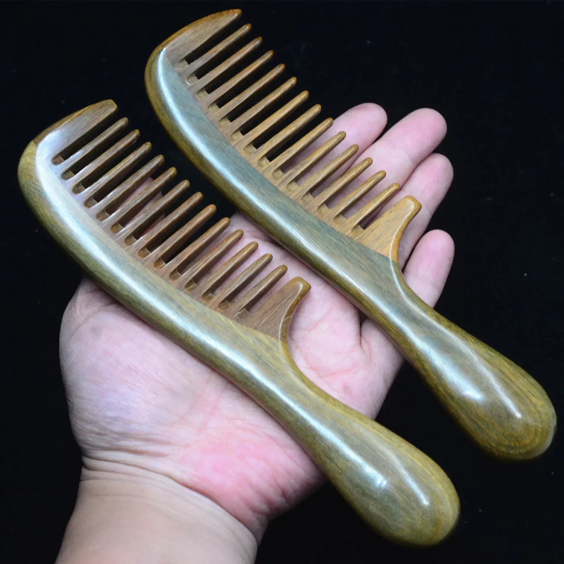 

Natural Green Ebony Hair Comb 18.5cm Wide Tooth Massage Hairbrush for Curly Hair Drum Handle Hair Brush for Women