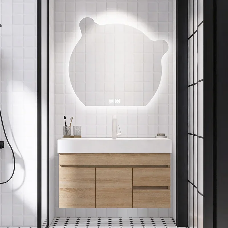 Moderno simples cerâmica integrado grande bacia luz de luxo lavatório espelho inteligente log cor armário do banheiro