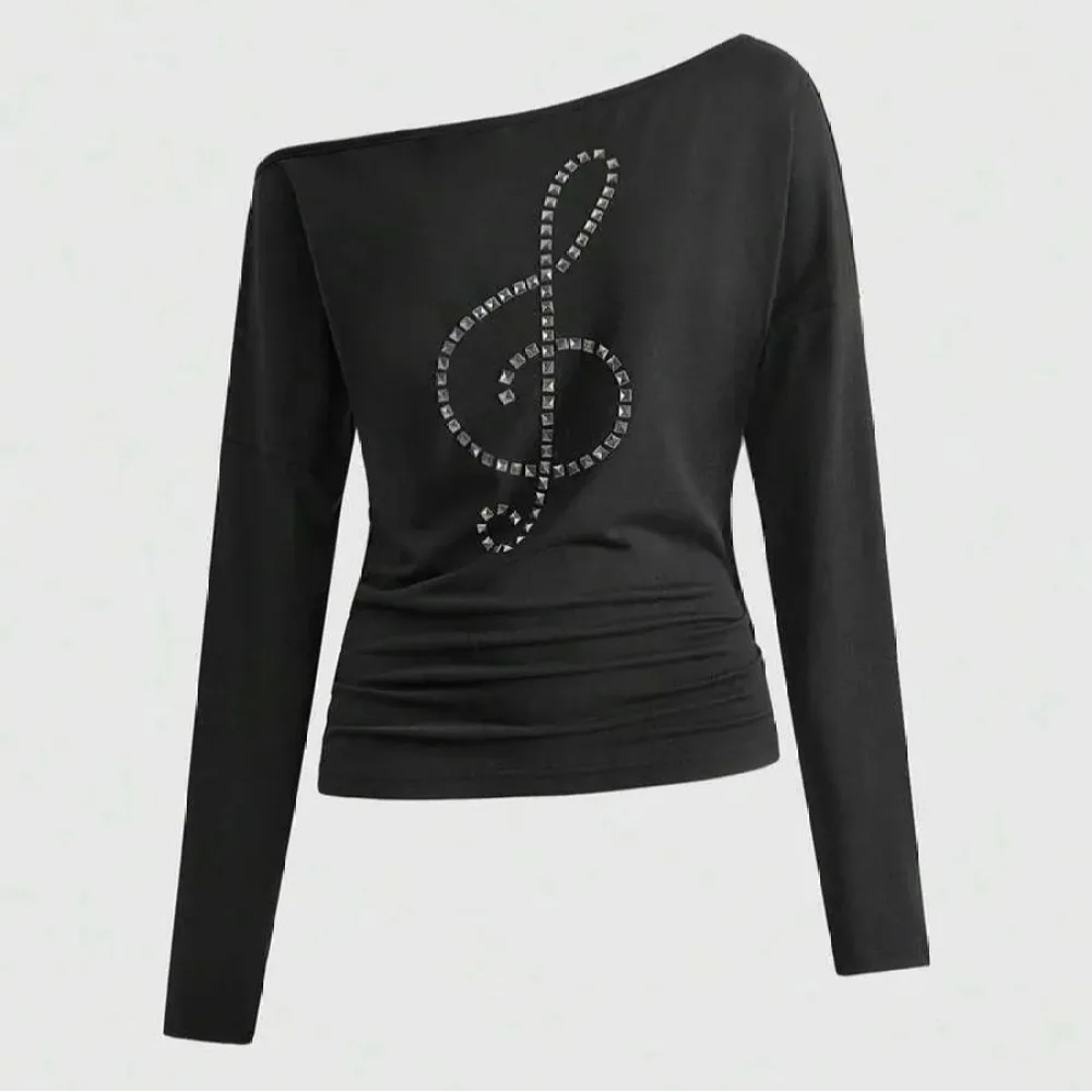 Y2K Gothic Shoulder Long Sleeve T-Shirt Studded Treble Clef Music Note Print Slim Ruched Black Top Punk Streetwear Tees