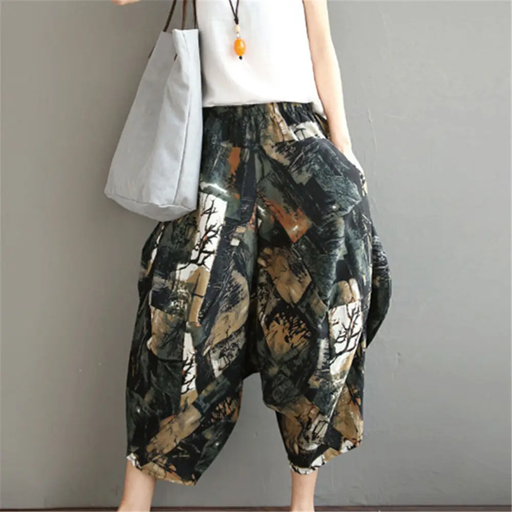 

Women Linen Harem Pants Baggy Bloomers Bohemian Ethnic Loose Cropped Pants High Quality Cotton Pastoral Trousers