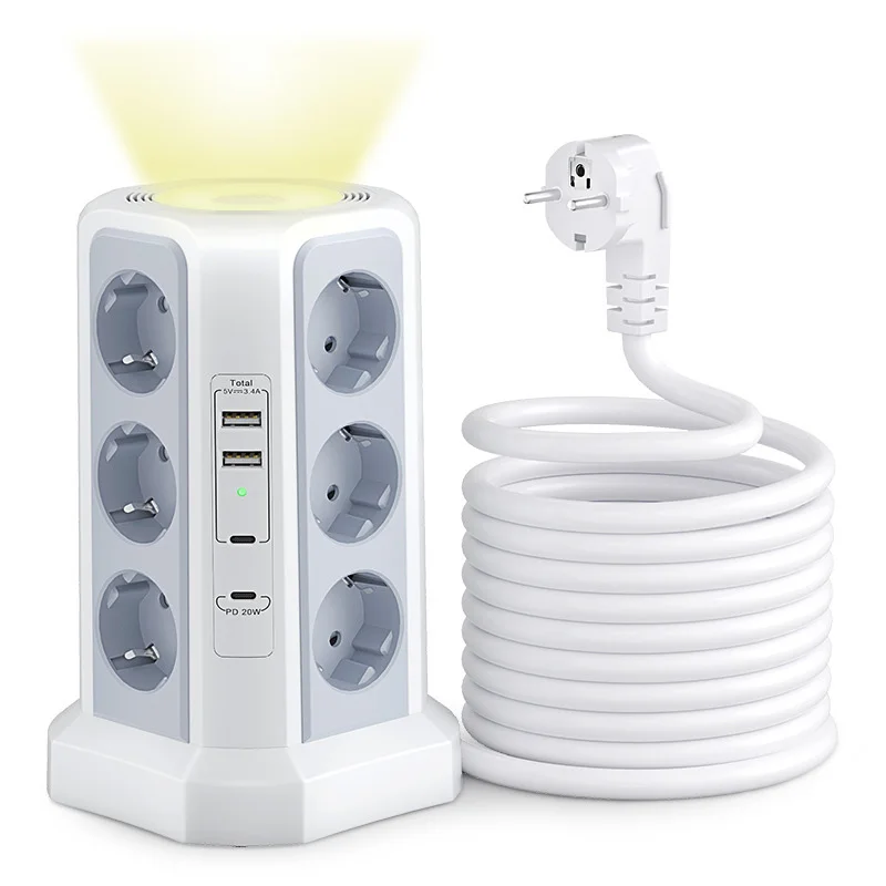 Multifunctional 3-Layer European Socket With Night Light, 12 Outlets, 4 USB Ports, Anti-Overload, Desktop Tower Strip