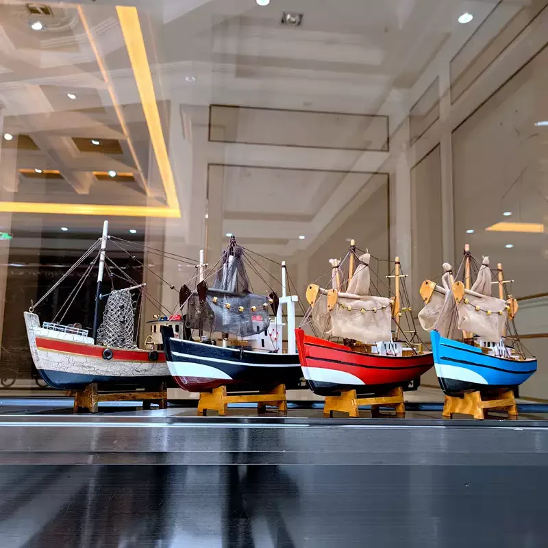 Mediterranean Style Wooden Fishing Boat Model Decorative Ornament Handcrafted Craft Gift