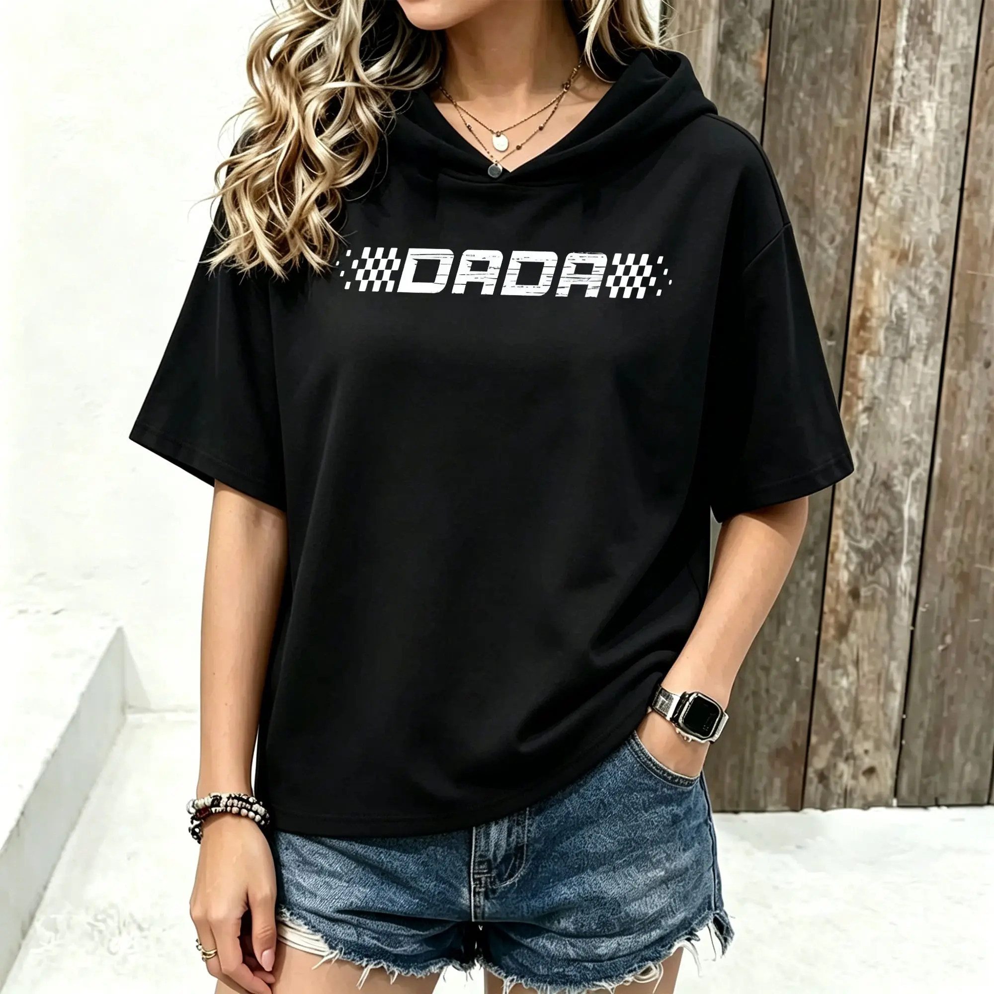 Women Short Sleeve Hoodie Checkered Dada Distressed Letter Print Spring Summer Casual Loose Hooded T‑Shirt