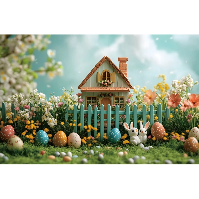 ربيع عيد الفصح خلفية التصوير الفوتوغرافي السماء الزرقاء الزهور بيض عيد الفصح أرنب الأرنب منزل خشبي عيد الفصح حزب الديكور الخلفيات
