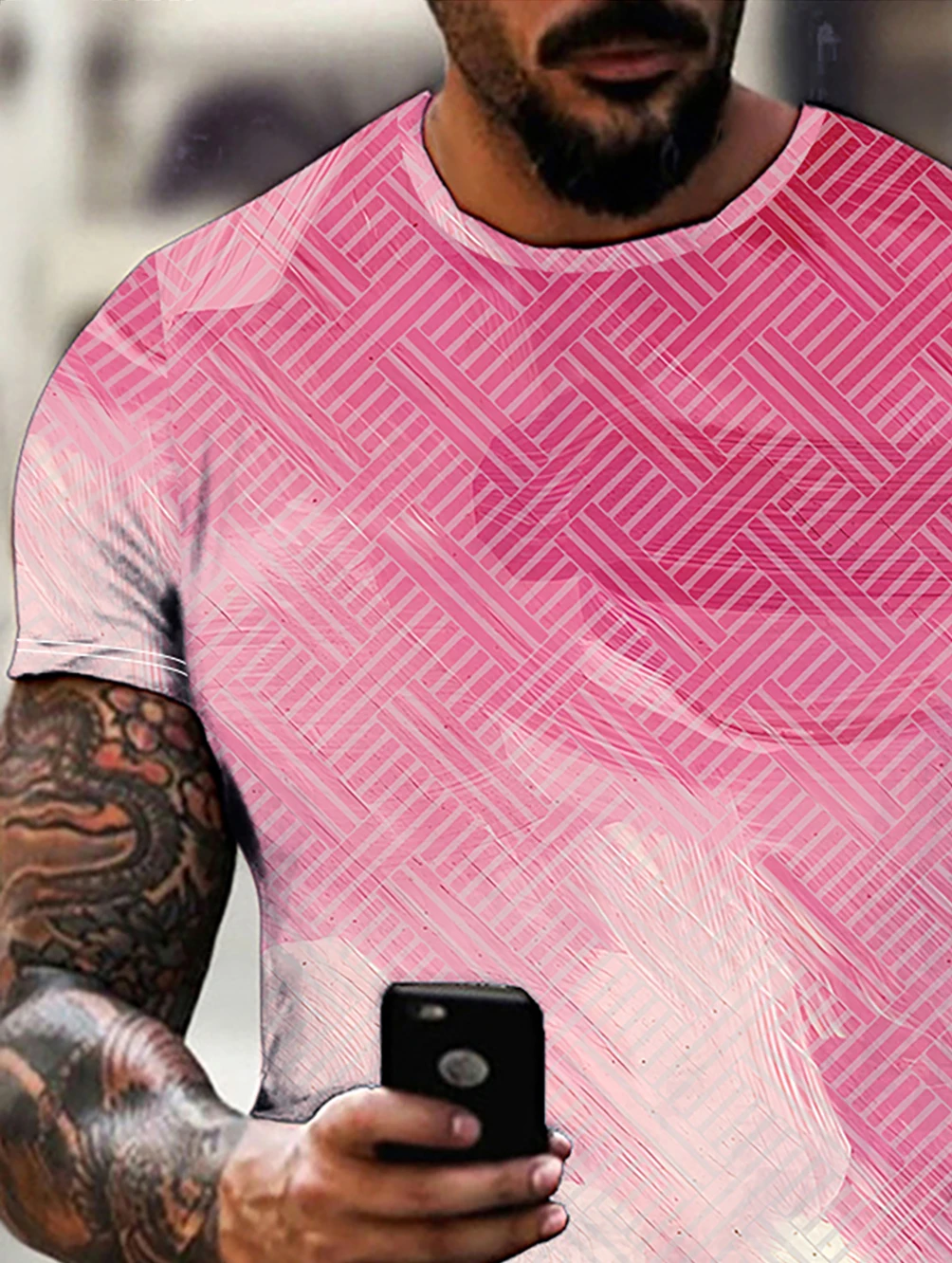 Men's summer new casual round neck short sleeves 3D digital pink stripe print short sleeves cross-border Amazon