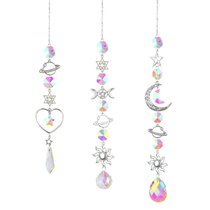 1pc Crystal Wind Chime Moon Sun Catcher Diamond Prisms Pendant Dream Catcher Rainbow Hanging Drop Home Garden Decor Windchime view 2