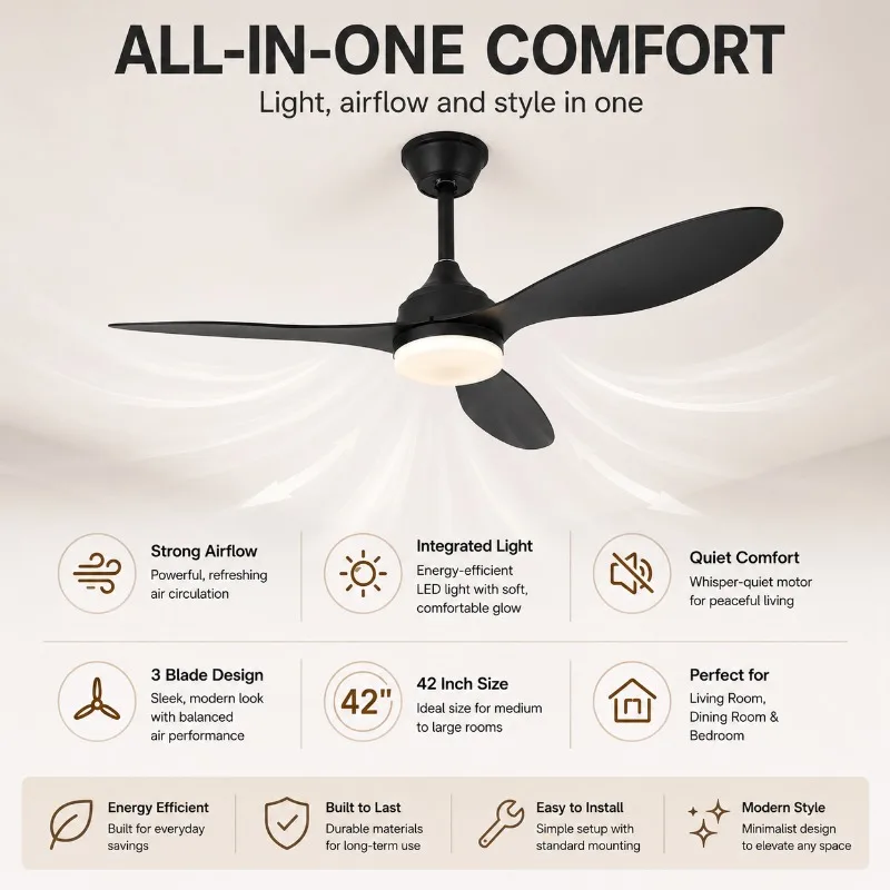 42 Inch Ceiling Fan with LED Light Remote Control Large Airflow Quiet Hanging Rod Fan for Living Dining Room Ceiling Fan Light