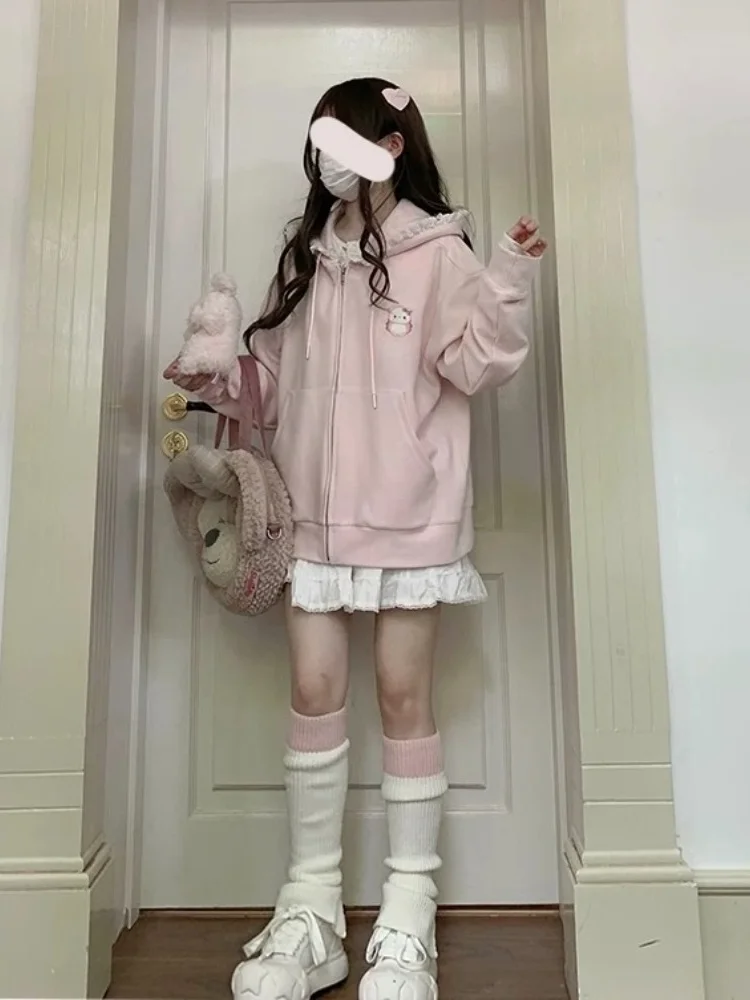 Худи HOUZHOU Kawaii Sweet Harajuku, Женская японская Толстовка Оверсайз с вышивкой на молнии и кружевом готчи, 2024