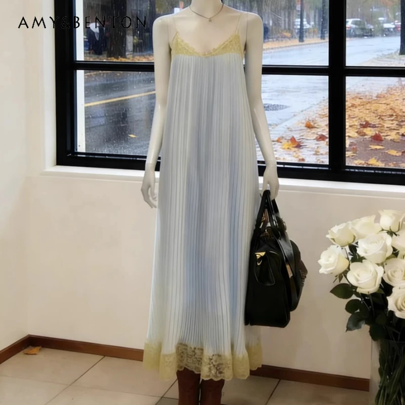 

French Design Lace Women's Sling Dress 2026 Summer New Holiday Style Temperament Pleated Beach Sleeveless Long Dresses Ladies