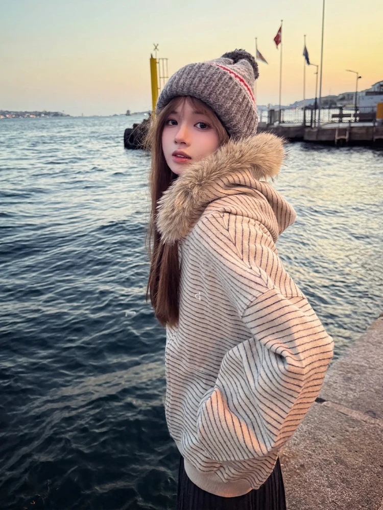 

American Retro Striped Hooded Sweatirt Men's Casual Loose Open Cardigan Top Winter Street Sle Long Sve Zipper Closure