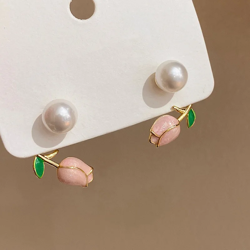 Women's Pink Tulip Flower Pearl Stud Earrings, Exquisite Gift