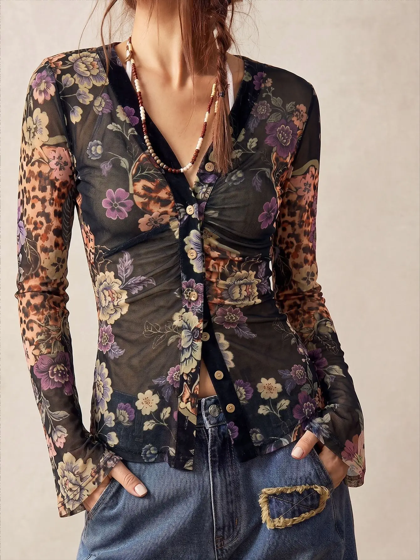 Women Leopard Floral Printed Button Down Shirts V Neck Sheer Mesh Long Sleeve Blouses Casual Slim Fitted Ruched Date Night Tops