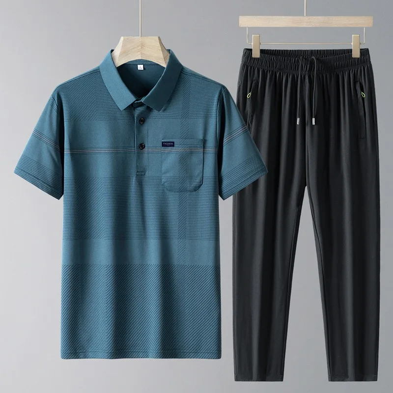 

Men's Ice Silk Polo Shirt 2 Piece Set Short Sleeve Long Pants Middle Aged Casual Sports Loungewear Set