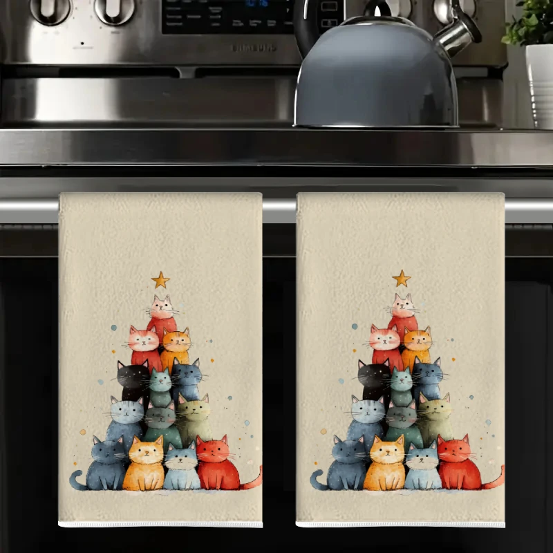 2Pcs, Cute Cat-Themed Kitchen Towels, 40Cm*60Cm Towel Set, Super Absorbent Soft Cleaning Cloth, Cooking and Baking Tea Towel, Hand Towel, Cleaning Cloth, Dishcloth, Kitchen Decoration, Living Room Decorations, Kitchen Essentials, Home Essentials