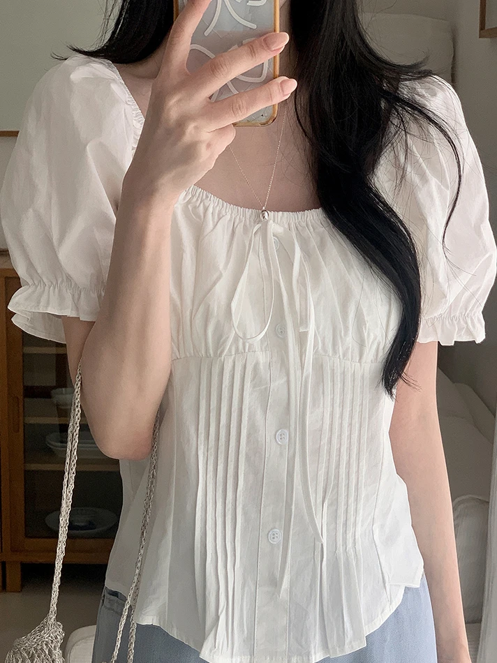 痩身効果バブルスリーブシャツレディースファッションスクエアカラーホワイトシャツウエストシェイプ夏の新スタイル甘いスタイル