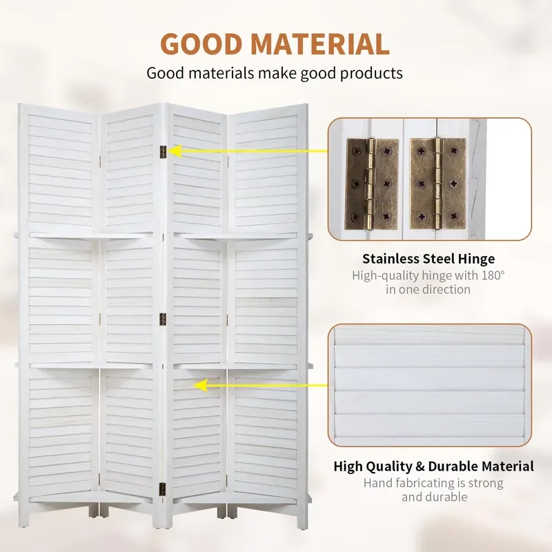 Room Divider 4 Panel Folding Wood 5.6 Ft Tall Privacy Screen Dividers Wall with Three Shelves Portable Partition White