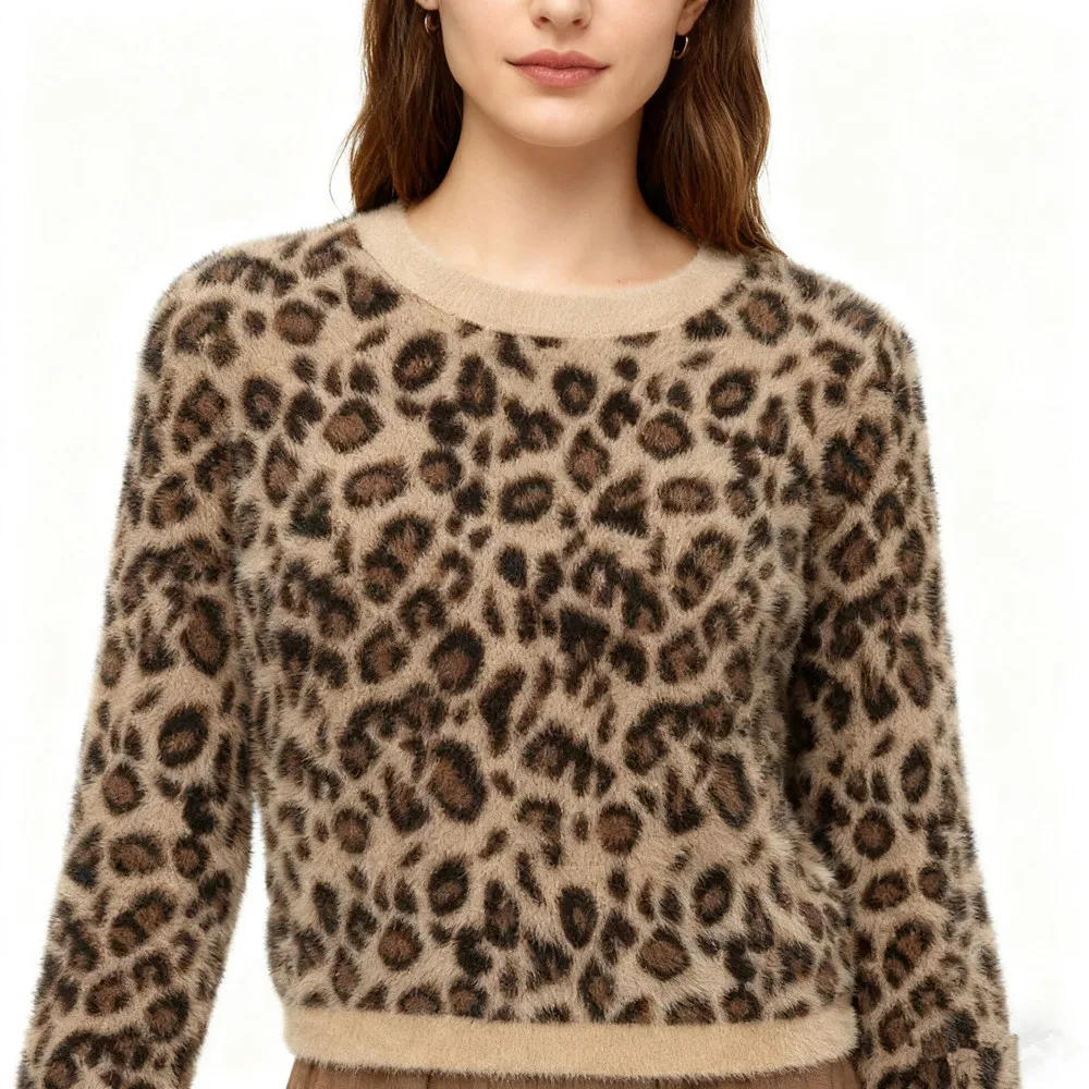 

Осень-зима модный леопардовый вязаный свитер с круглым вырезом женский узор на талии коллекция короткий пуловер свитер женские топы с длинными рукавами
