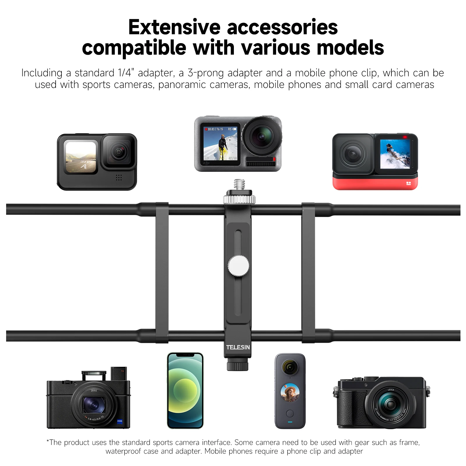 TELESIN-Support de clôture universel pour téléphone portable, jeux de sport, GoPro, fore13, 12, Insta360, caméra d'action DJI, bras magique pliable, support de filet