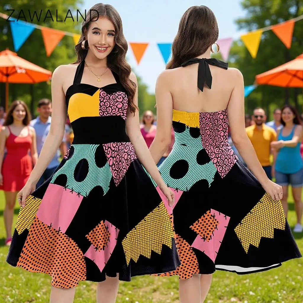 Zawaland Halloween Cosplay Sally Kleid für Frauen Patchwork Neckholder Kleid Sexy Ärmelloser Rock Karneval Bühnenoutfit