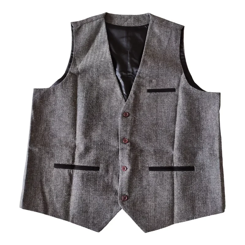 Új men's Teendő Angol kosztüm vests tömör v-neck Alaki ruhát vests multi pockets Alkalmi Csekély Ujjatlan kabát számára groosmen esküvői