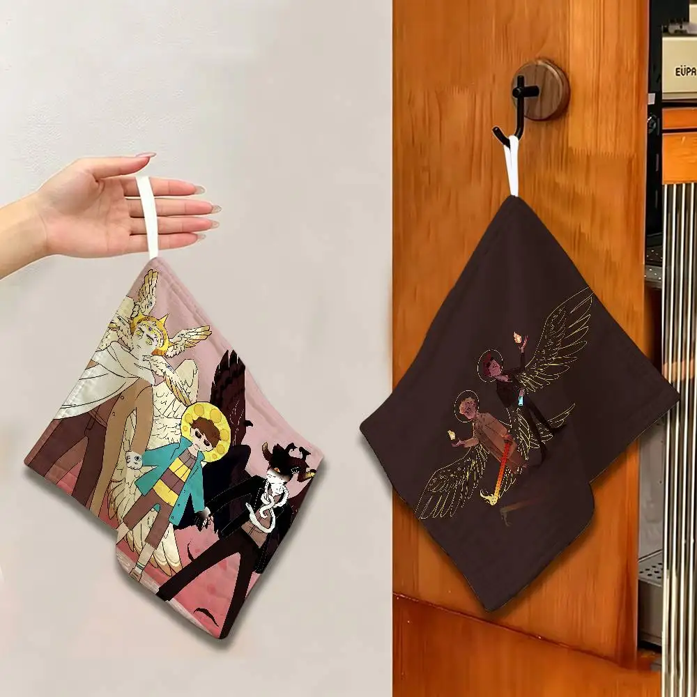 Cartoon Good Omens TV Polyester Cotton Hanging Kitchen Towel, Absorbent Hand Wiping Cloth for Daily Cleaning Drying
